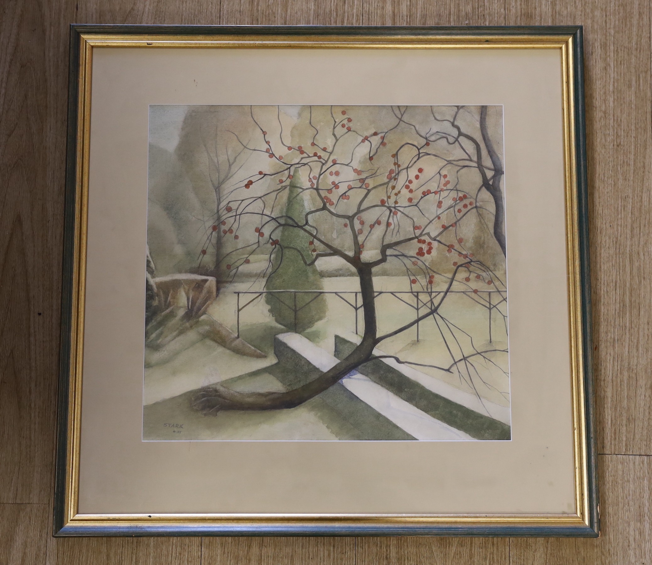 Frank Stark, watercolour, Apple tree in winter, signed and dated '01, with Exhibition label verso, 40 x 43cm
